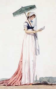Damska elegancka letnia sukienka z parasolką, Delacourt, 1770 (kolorowy grawerunek) autorstwa English School
