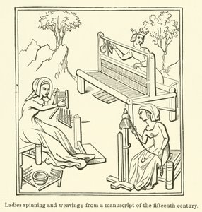 Panie przędzalnictwo i tkactwo, z rękopisu z XV w. (grafika) autorstwa English School