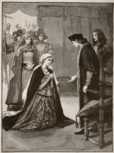 Lady Catherine Gordon przed Henrykiem VII, ilustracja z Cassells Illustrated History of England (zdjęcie w sepii) autorstwa English School