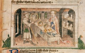 Lady Hagiografia pokazuje pielgrzymowi jej wystawę balsamów i artykułów toaletowych, ilustracja z angielskiego tłumaczenia „Pielgrzymki życia człowieka” Guillaume