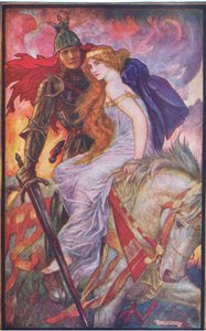 Lancelot znosi Guenevere, ilustracja z „Księgi romansów” opublikowanej przez Longmans Green and Co autorstwa English School