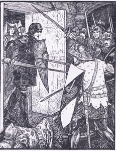 Lancelot wychodzi z pokoju Guenevere, ilustracja z „Księgi romansów” wydanej przez Longmans Green and Co autorstwa English School