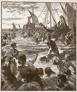 Lądowanie Rzymian na wybrzeżu Kentu, ilustracja z Cassells Illustrated History of England (zdjęcie w sepii) autorstwa English School
