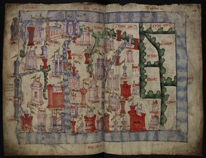Lansdowne 204 ff.225v i 226 Mapa Szkocji autorstwa Johna Hardinga, ok.1450 (tusz i tempera na pergaminie) autorstwa English School