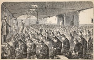 Duża sala Oakum (pod cichym systemem) w Middlesex House of Correction, Coldbath Fields, ilustracja z The Criminal Prisons of London i Scenes from Prison Life autorstwa Henry