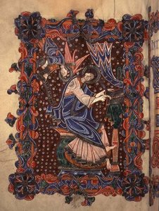 Lat 14782 f.16v Św. Mateusz piszący swoją Ewangelię, ok. 1080 (welum) autorstwa English School