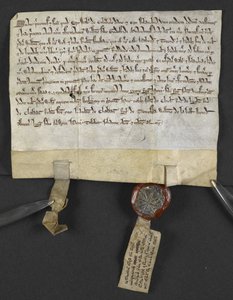 Łaciński akt notarialny z hebrajskim quitclaim (dołączony do pieczęci), sporządzony przez Jacoba ben Aarona, zwalniający kawałek ziemi Williamowi le Briel. Anglia autorstwa English School