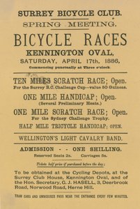 Ulotka reklamująca wyścigi rowerowe w Kennington Oval, 17 kwietnia 1886 r. autorstwa English School