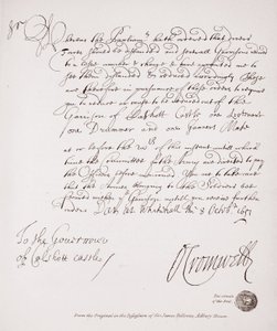 List do gubernatora zamku Calshott od Olivera Cromwella, 1651, faksymile oryginału będącego w posiadaniu Sir Jamesa Fellowesa, Adbury House autorstwa English School