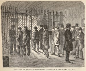 Wyzwolenie więźniów z Domu Karnego Coldbath Fields, ilustracja z The Criminal Prisons of London i Scenes from Prison Life autorstwa Henry