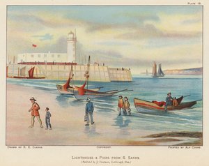 Latarnia morska i molo z South Sands, Scarborough (kolorowa litografia) autorstwa English School