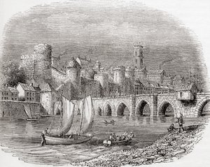 Limerick, hrabstwo Limerick, Irlandia, pokazujący Zamek Króla Jana nad rzeką Shannon i most Thomand, ze Starej Anglii: A Pictorial Museum, pub. 1847 autorstwa English School