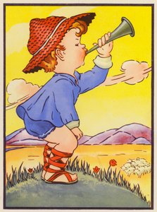 "Little Boy Blue, come blow your horn" (kolorowa litografia) autorstwa English School
