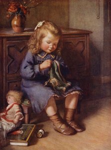 Mała dziewczynka szyjąca ubranka dla swojej lalki (kolor litho) autorstwa English School