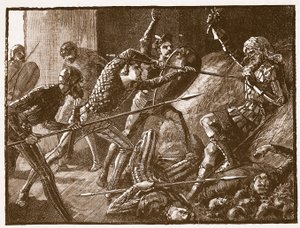 Ostatnia walka Llewelynsa, ilustracja z Cassells Illustrated History of England (zdjęcie w sepii) autorstwa English School