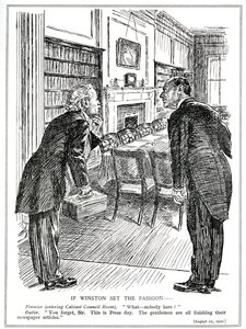 Lloyd George wchodzi do sali gabinetowej, w której nie ma ministrów zajętych pisaniem artykułów do gazet, sierpień 1920 autorstwa English School