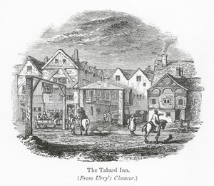 Londyńskie kluby: The Tabard Inn (grawerunek) autorstwa English School