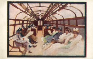 Pasażerowie londyńskiego metra na liniach Bakerloo i Piccadilly (kolorowa litografia) autorstwa English School
