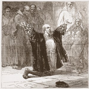 Lord Cobham przed biskupami, ilustracja z Historii protestantyzmu Jamesa Aitkena Wylie (1808-1890), wyd. 1878 autorstwa English School