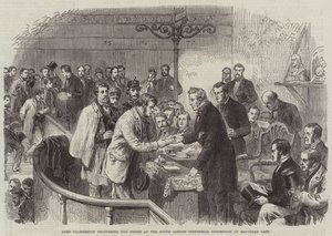 Lord Palmerston wręcza nagrody na wystawie przemysłowej w południowym Londynie w ostatnią sobotę (grawerowanie) autorstwa English School