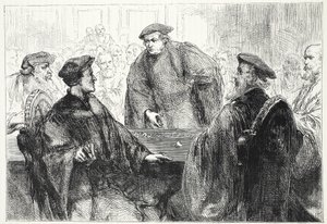 Luter i Zwingle dyskutują w Marburgu, ilustracja z Historii protestantyzmu Jamesa Aitkena Wylie (1808-1890), wyd. 1878 autorstwa English School