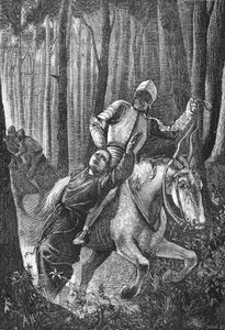 Luter zaatakowany przez zamaskowanych jeźdźców w Lesie Turyńskim, ilustracja z Historii protestantyzmu Jamesa Aitkena Wylie (1808-1890), wyd. 1878 autorstwa English School