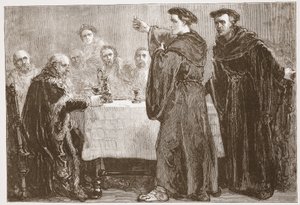 Luter wzywający Carlstadta do pisania przeciwko niemu, ilustracja z Historii protestantyzmu Jamesa Aitkena Wylie (1808-1890), wyd. 1878 autorstwa English School