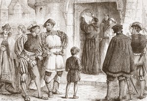 Luter przybijający swoje Tezy do drzwi zamku Schloss-Kirk w Wittemberdze, ilustracja z Historii protestantyzmu Jamesa Aitkena Wylie (1808-1890), wyd. 1878 autorstwa English School