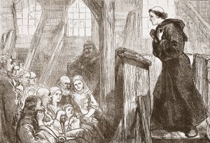 Głoszenie Lutra w starym drewnianym kościele w Wittenberdze, ilustracja z Historii protestantyzmu Jamesa Aitkena Wyliego (1808-1890), wyd. 1878 autorstwa English School