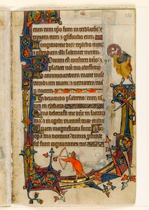 MS 1-2005, k.l. 133r: Łucznik i św. Jan Chrzciciel, dekoracja marginalna z Psałterza Macclesfielda, Use of Sarum, East Anglia, c.1330 autorstwa English School
