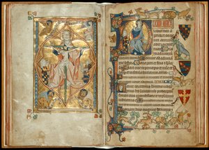 MS 242 fa. 28v-29r Tron Miłosierdzia z patronami, błogosławieństwo Chrystusa z patronem, ok. 1314-30 (złota listka i tempera na pergaminie) autorstwa English School
