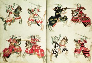 MS Harley 4205 fol.31v-32 Rycerze rycerscy pokazujący herby heraldyczne (welin) autorstwa English School