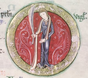 MS Hunter 229 f.4v Virgo, z psałterza Hunterian, ok. 1170 (pióro i atrament oraz tempera na welinie) (szczegół) autorstwa English School
