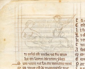 MS McClean 123 f.40v Underdrawing do miniatury przedstawiającej myśliwego łapiącego nagiego jednorożca leżącego na kolanach dziewicy, z „Księgi Nuneaton”, ok. 1280-1300 (tusz na pergaminie) (detal z 418062) autorstwa English School