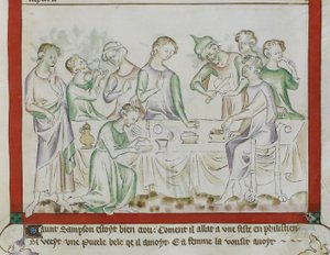 MS Royal 2 BVII, f.43 Spotkanie Samsona i Dalili na uczcie filistyńskiej, fragment z „Psałterza Królowej Marii” autorstwa English School