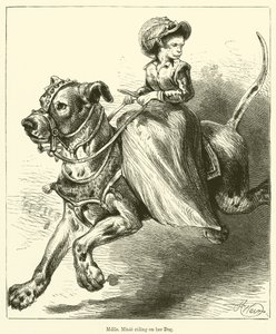 Mademoiselle Minie na swoim psie (grawerunek) autorstwa English School