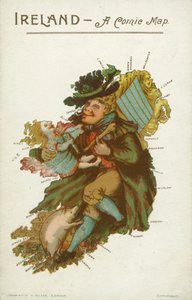 Mężczyzna, dziecko i świnia w kształcie mapy Irlandii (kolorowa litografia) autorstwa English School