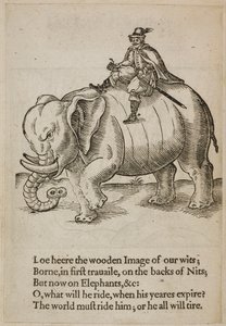 Mężczyzna jadący na słoniu, ilustracja z „Thomas Coriate Traueller for the English Wits” autorstwa English School