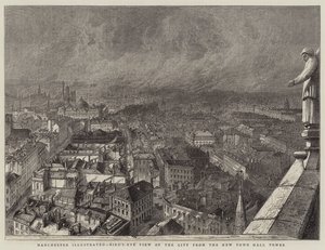 Manchester Ilustrowany, Widok na miasto z lotu ptaka z Wieży Nowego Ratusza (rycina) autorstwa English School