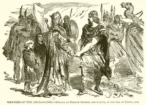 Maniers of the Anglo-Duńczycy.--Spotkanie Edmunda Ironside i Canute, na wyspie Olney, 1016 autorstwa English School