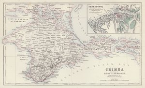 Mapa: Krym, według Huota i Demidoffa, narysowana i wygrawerowana przez J. Bartholomew, Edynburg; Sebastopol, według zredukowanego oryginalnego rosyjskiego planu opublikowanego w Berlinie (kolorowa litografia). autorstwa English School
