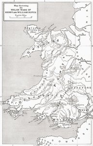 Mapa ilustrująca wojny walijskie Williama Rufusa i Henryka I, z „Krótkiej historii ludu angielskiego” J.R. Greena, opublikowanej w 1893 r.
