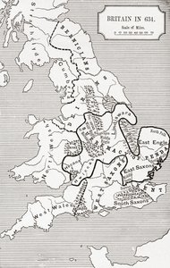 Mapa Wielkiej Brytanii w 634, od The Northumbrian Kingdom 588 do 685 w „Krótkiej historii ludu angielskiego” J. R. Greena, opublikowanej w 1893 r.