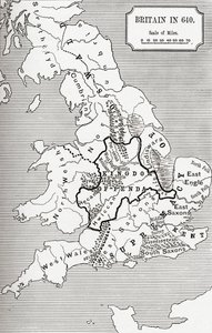 Mapa Wielkiej Brytanii w 640, z The Northumbrian Kingdom w „Krótkiej historii Anglików” J. R. Greena, opublikowanej 1893
