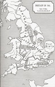 Mapa Wielkiej Brytanii w 792 r., od The Three Kingdoms 685 do 828 w „Krótkiej historii ludu angielskiego” J. R. Greena, opublikowanej w 1893 r.