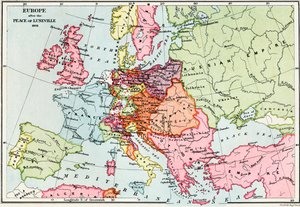 Mapa Europy po pokoju w Luneville, 1801, z „Krótkiej historii narodu angielskiego” J.R. Greena, opublikowana w 1893 r.