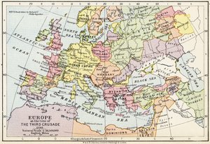 Mapa Europy w czasie III krucjaty, 1190, z „Atlasu historycznego”, wydanego przez W. und A.K. Johnston Limited, 1911