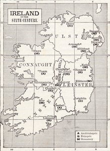 Mapa Irlandii w VI wieku z książki „Kościół Anglii: historia dla ludu”, wydanej ok. 1910 r.