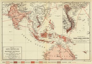 Mapa Azji Południowo-Wschodniej i Północnej Australii; Powiększona mapa Chin Tonquin, Annam i Cochin (kolorowe zdjęcie) autorstwa English School