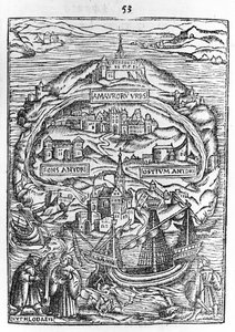 Mapa wyspy Utopia, frontyspis księgi, 1563 autorstwa English School